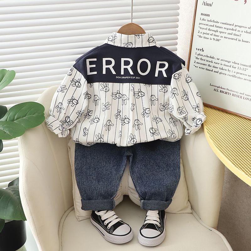 P Boys Autumn Shirt Set 2024 New Style Long-sleeved Shirt for Men and Children Spring and Autumn Children Handsome Three-piece Set