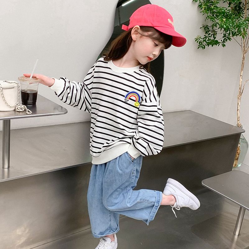 P Children's and Girls' 2024 Autumn New Long Sleeve Top Bottom Shirt Black and White Stripe Printing Color Cotton Elastic Loose