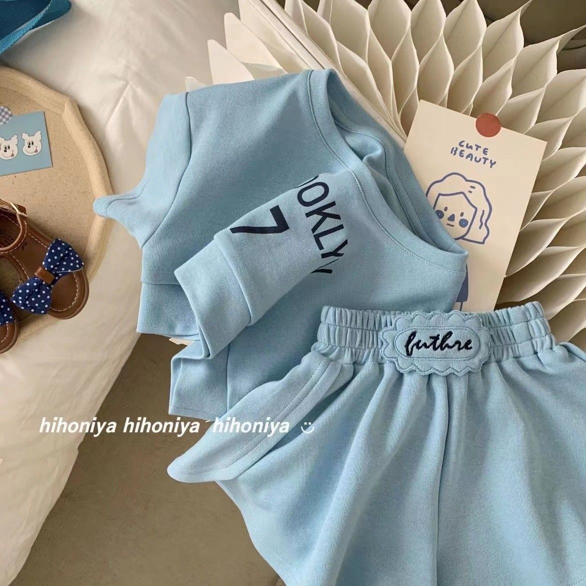 Girls Summer Set, New Korean Edition for Girls, Fashionable and Fashionable Cotton Short sleeved T-shirt and Shorts, Two Piece Set