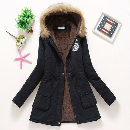 A autumn and winter new Korean version of medium and long women's cotton-padded clothes, plush collar, slim fit, thickened large size coat top