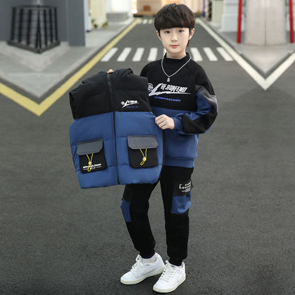 P boys autumn suit new foreign style medium and large children's boys winter thickened fleece sweater three-piece set tide