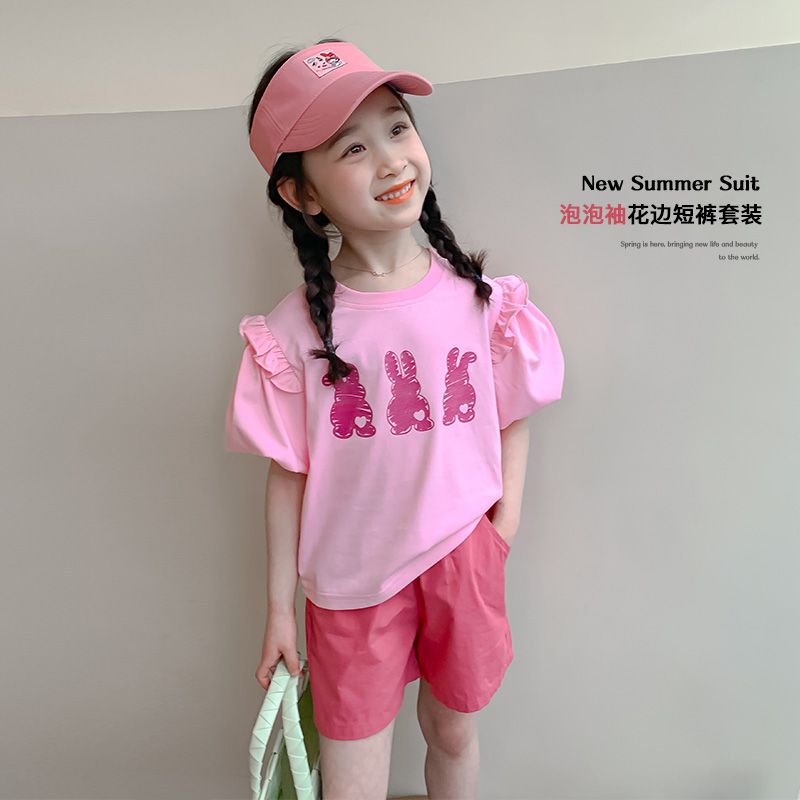 P Ohm Bear Girls' Set Summer 2024 New Female Baby Fashionable Two Piece Set for Children's Short sleeved Shorts