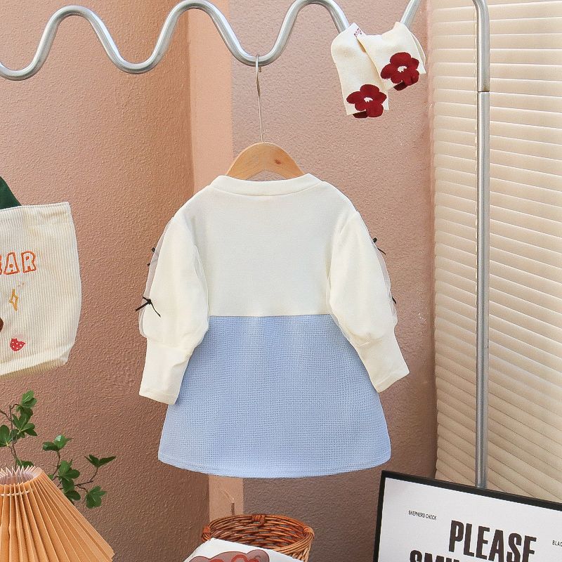 Girls dress spring and autumn 2023 new little fragrance bow fake two small children's fashionable princess skirt tide