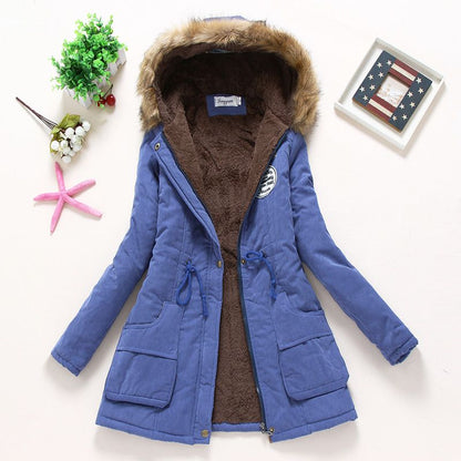 A autumn and winter new Korean version of medium and long women's cotton-padded clothes, plush collar, slim fit, thickened large size coat top