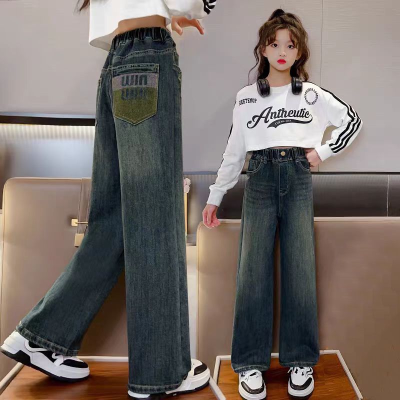 P girls spring and autumn jeans wide-leg pants 2024 new girls Korean version loose fashion foreign style middle-aged pants tide