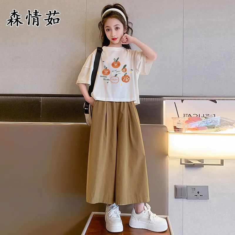 P Girls' suit, summer clothes, 2024 new foreign style girls, short-sleeved middle-sized children's wide-leg pants, cropped pants, two-piece children's clothes