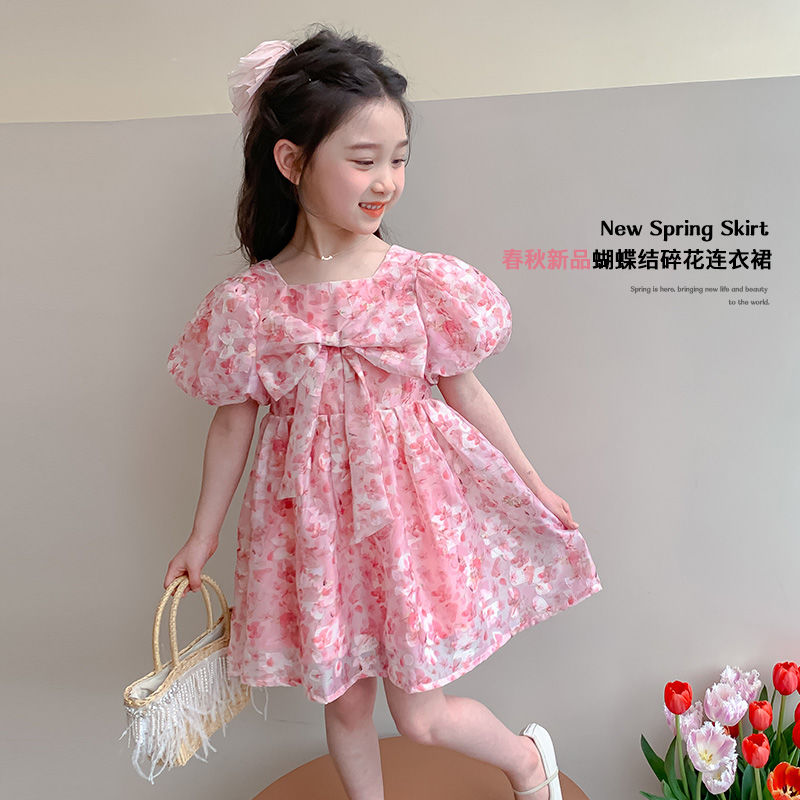 P Ohm Bear Girls Dress Summer 2024 New Little Girl Floral Princess Dress Summer Dress Bow Dress