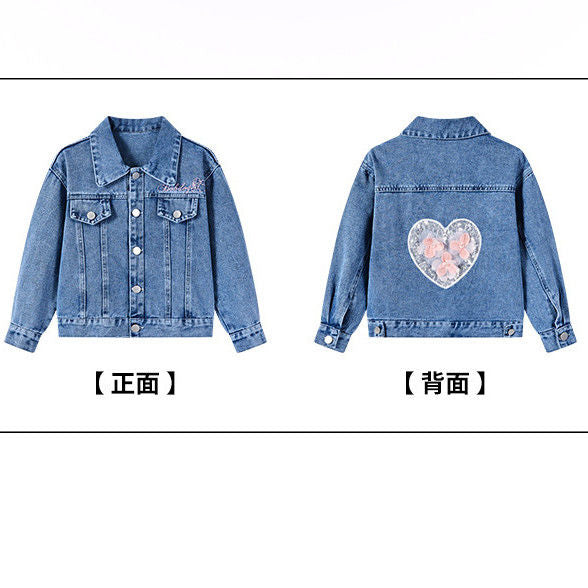 P loose spring and autumn girls soft denim jacket denim clothing versatile foreign style children denim jacket popular Internet celebrity big children