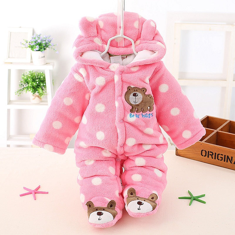 A baby jumpsuit, polka dot bear foot-wrapped Romper coral fleece autumn and winter clothing, climbing clothes, polka dots.