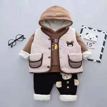 P Boys' Clothing Winter Fleece Thickened Three-piece Set Children's Sweater Sweatpants Cartoon Boys' Baby Winter Cotton Clothes