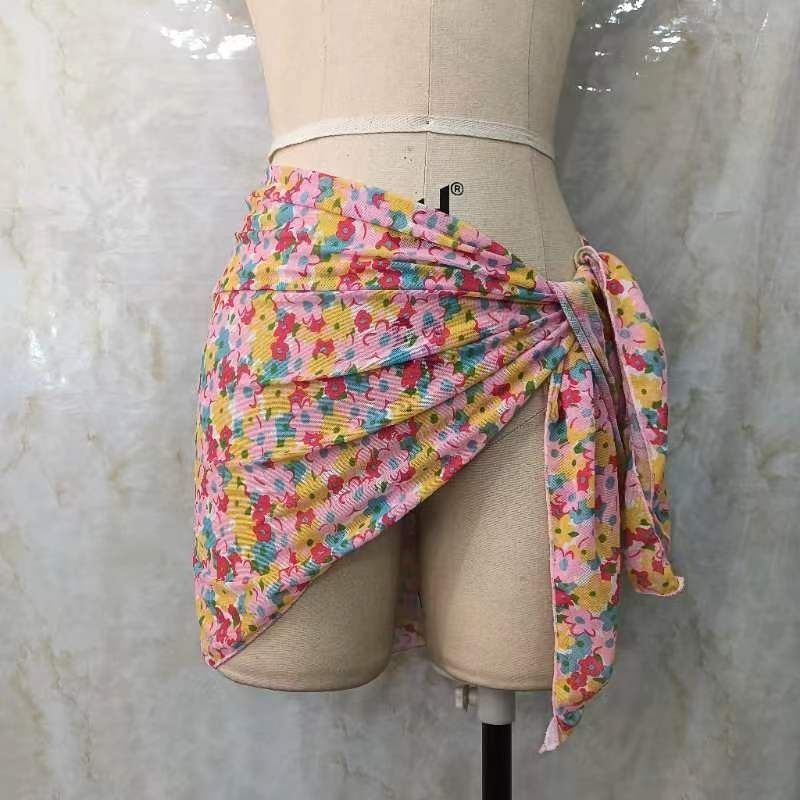 Delantal de gasa para bikini, falda de gasa para traje de baño con falda de gasa que lo cubre, gasa tipo chal con flores, versátil para playa y mar