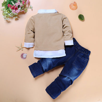 Ropa de comercio exterior europeo y americano para niños, ropa de otoño para niños, sudadera, traje de mezclilla, pajarita de caballero, dos piezas falsas para niños 273-378g