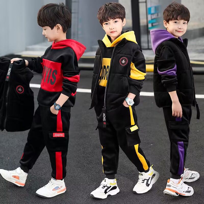 P children's clothing boys' winter clothing set new Korean version thickened and velvet trendy boys' autumn and winter sweater three-piece set