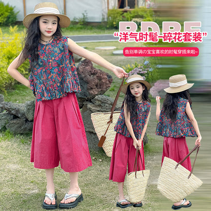 P Girls Summer Set 2024 New Girl's Fashionable Flower Top Children's Wide Legged Pants Big Kids Fashion Two Piece Set