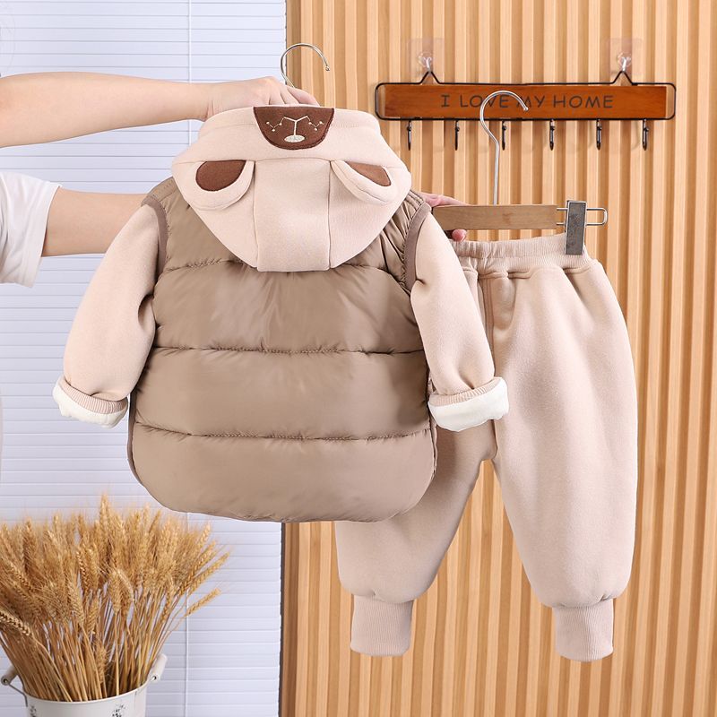 P boys autumn and winter velvet thickened three-piece set new foreign style baby children's winter clothes cotton coat vest set tide