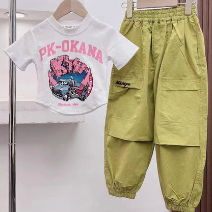 P New 2024 Girls Half Sleeve Summer Middle Kids Suit Net Red Fashionable Cargo Pants Loose Cartoon Suit