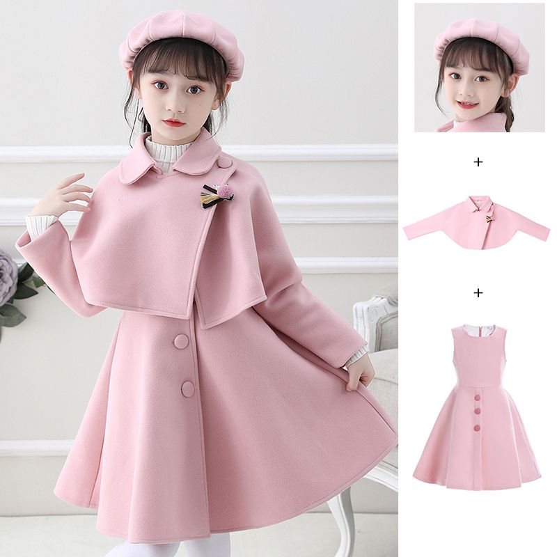 Girls' dresses, autumn and winter woolen shawls, two-piece skirts, medium and large children's princess dresses, winter fleece suits