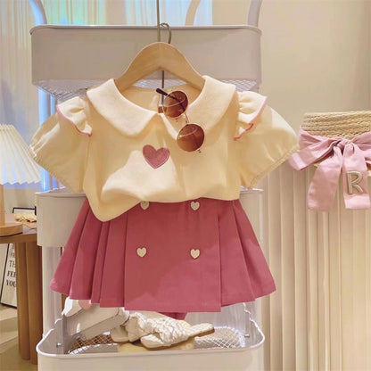 P Girls Princess Set Summer 2023 New Korean Edition Tulip Bubble Sleeves T Cake Skirt Children's Two Piece Set