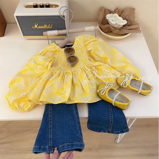 Girls' Shirt Spring New Korean Children's Clothes Children's Fashionable Sweet Floral Balloon Sleeve Blouse Spring