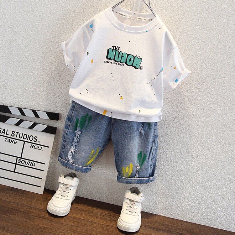 P Boys T-shirt Short Sleeve Set Children's Denim 2024 New Half Sleeve Small and Medium-sized Baby Summer Five-Piece Two-Piece Trend