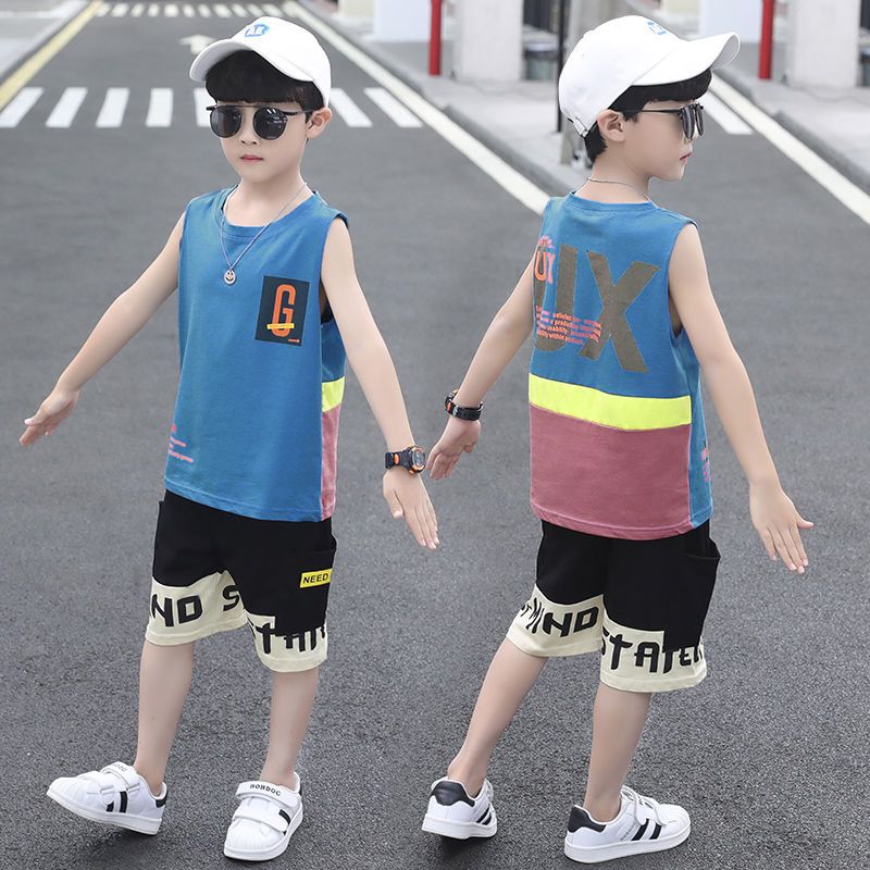 P Cotton Kids Boys Summer Vest Two-Piece Sleeveless Summer Dress Set 2024 New Handsome Foreign Fashion Korean Version