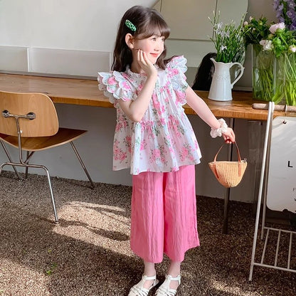 P Girls' Summer Set 2024 New Western Style Children's Summer Internet Popular Fashionable Children's Clothing Little Girl Sleeveless Two Piece Set