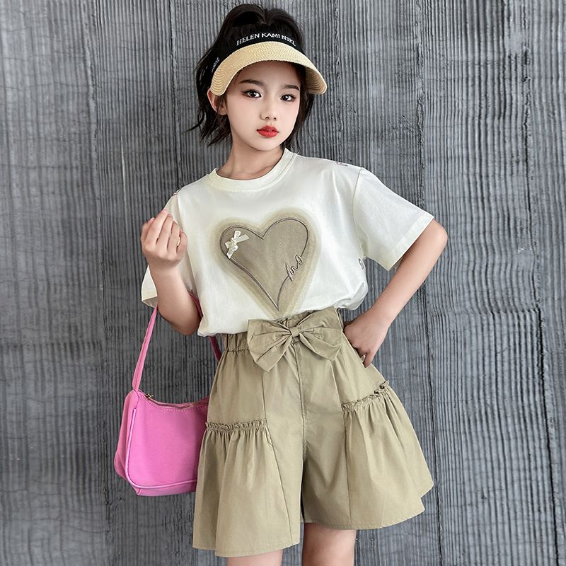 P Girls Summer Short sleeved Set 2024 New Chinese and Big Children's Fashionable Love and Fashion Girl Trendy Two Piece Summer Set