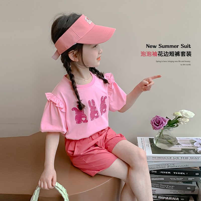 P Ohm Bear Girls' Set Summer 2024 New Female Baby Fashionable Two Piece Set for Children's Short sleeved Shorts