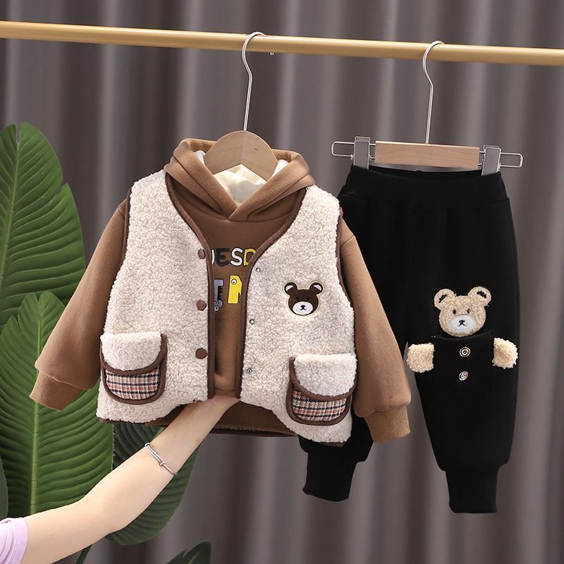 P Boys' Clothing Winter Fleece Thickened Three-piece Set Children's Sweater Sweatpants Cartoon Boys' Baby Winter Cotton Clothes