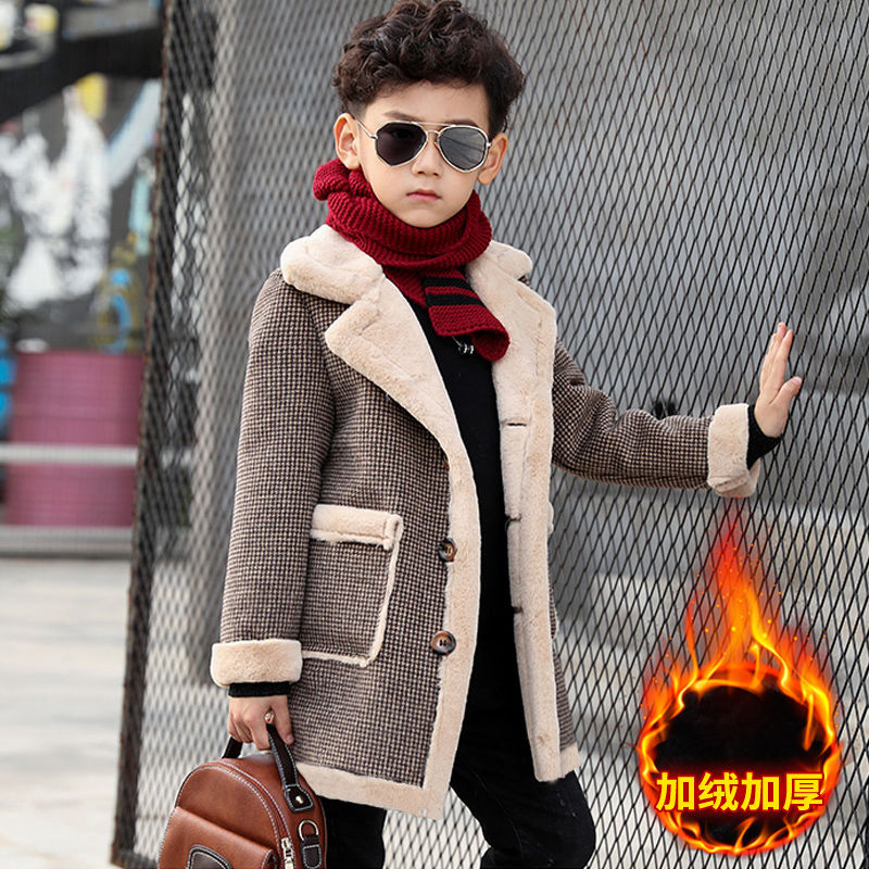 Boys' woolen coat mid-length 2023 new autumn and winter children's stylish fur one-piece handsome thickened coat