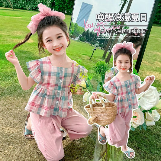 P girls&#039; summer fashion suit 2024 new CUHK children&#039;s western doll shirt ice silk wide-leg pants fashionable two-piece suit