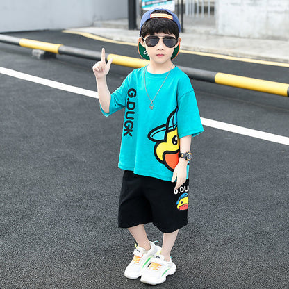 P Cotton Kids Boys Summer Vest Two-Piece Sleeveless Summer Dress Set 2024 New Handsome Foreign Fashion Korean Version