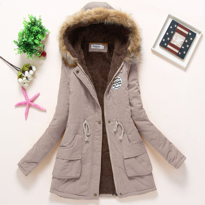 A autumn and winter new Korean version of medium and long women's cotton-padded clothes, plush collar, slim fit, thickened large size coat top