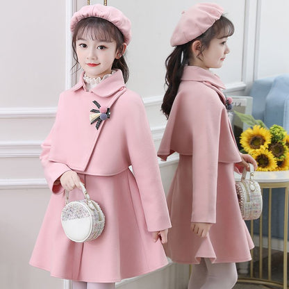 Girls' dresses, autumn and winter woolen shawls, two-piece skirts, medium and large children's princess dresses, winter fleece suits