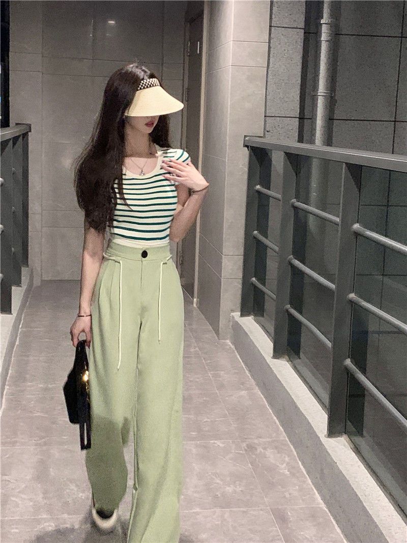 P ROSEL/Rou Sha Er Summer Wear Women's 2024 New Stripe Age Reducing Top Slimming Wide Leg Pants Two Piece Set