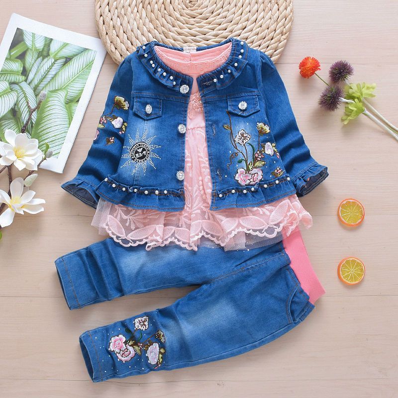 Baby girl spring cowboy three-piece suit 1-2-3-4 years old girl spring and autumn cowboy baby girl tide suit