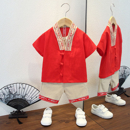 P Children's summer style Hanfu 2 boys Chinese style cotton and linen short sleeve Tang costume set 7 baby thin Chinese costumes