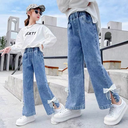 P girls jeans 2024 spring and autumn new girls Korean wide-leg pants medium and older children's foreign loose casual straight-leg pants