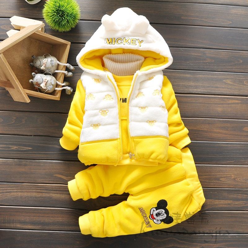 P baby girl 1 year old baby girl 3 children's clothing fleece thickened boys sweater three-piece set children's winter warm jacket set