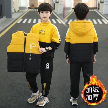 P boys autumn suit new foreign style medium and large children's boys winter thickened fleece sweater three-piece set tide