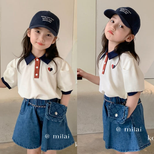 P Girls' Suit Summer 2024 Foreign Polo Short Sleeve Versatile Summer Dress Popular Denim Shorts Children's Two-Piece Trend