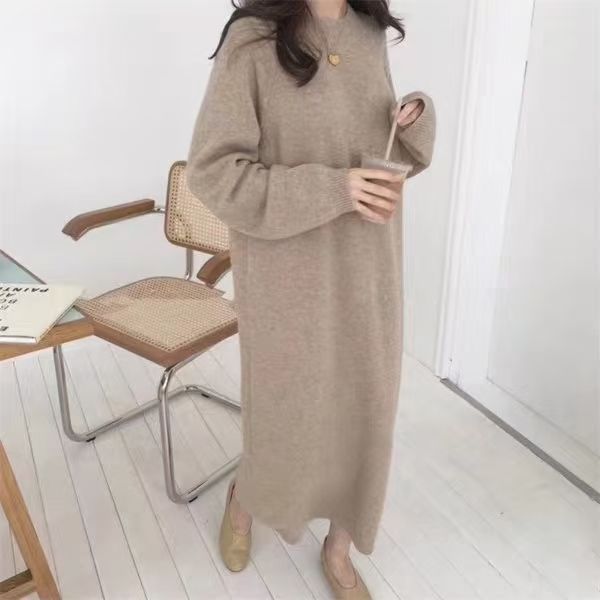 P Korean lazy temperament chic style solid color loose round neck long simple thickened knitted sweater long dress dress