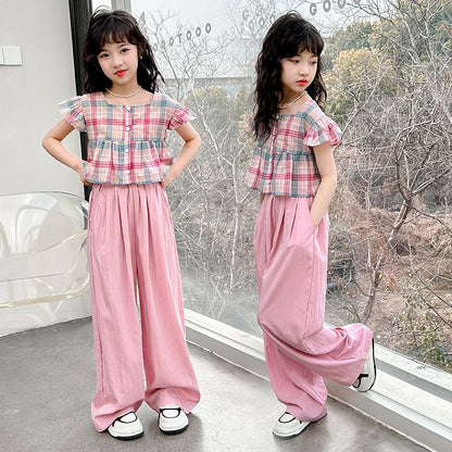 P Girls' Doll Shirt Short Sleeve Set Summer 2024 Internet Red checked shirt girl wide leg pants two-piece set trendy