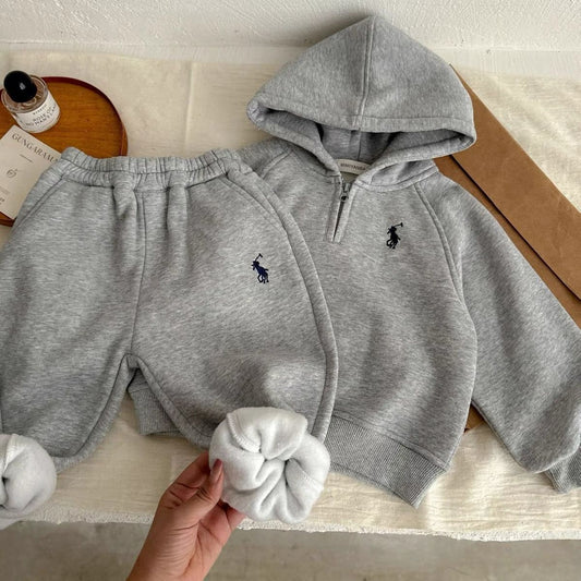 P Embroidered Children's Suit Winter New Boys and Girls Half Zipper Fleece Hooded Sweater Baby Sweatpants Two-piece Set