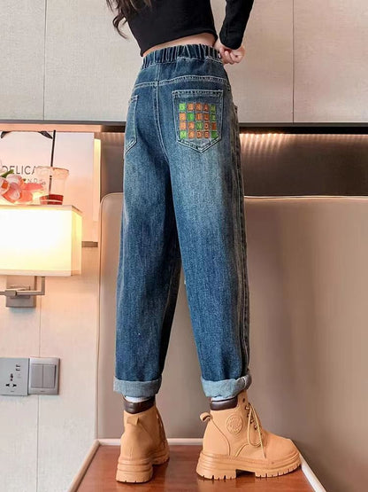 P girls jeans medium and older children's foreign dad pants wide-leg wear loose spring and autumn Korean version children's casual elastic pants