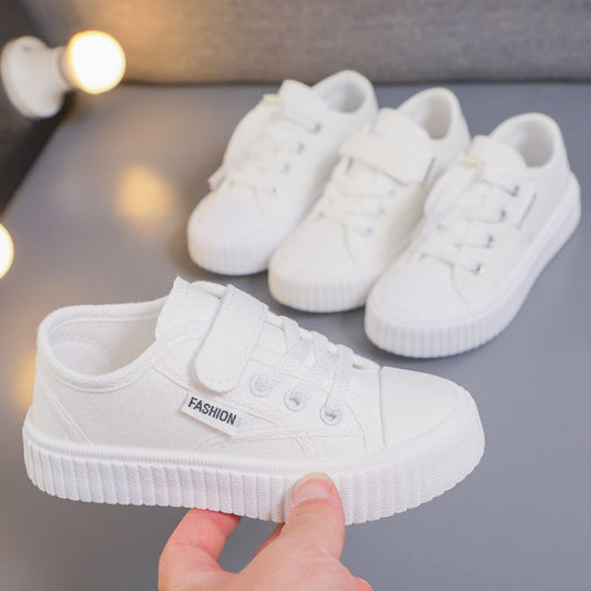 P School designó zapatos blancos pequeños transpirables para niños 2024 nuevos zapatos de lona de un solo pie para niños y niñas zapatos de la junta escolar populares 