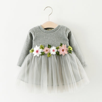 A031 fábrica de nuevos productos de primavera y otoño, venta al por mayor, vestido de manga larga con flores para niños, falda de princesa, falda de bebé, 0,2 kg