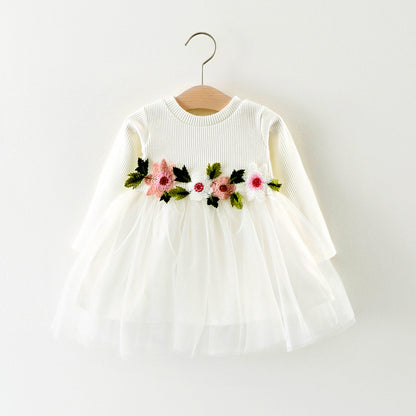 A031 fábrica de nuevos productos de primavera y otoño, venta al por mayor, vestido de manga larga con flores para niños, falda de princesa, falda de bebé, 0,2 kg