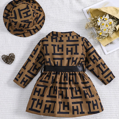 P Autumn Baby Girl Children's Clothing Letter Printing Fashion Casual Girl Baby Dress + Hat