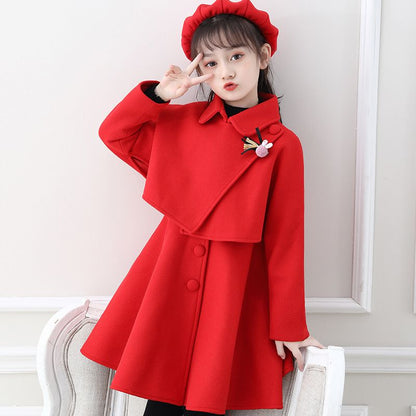 Girls' dresses, autumn and winter woolen shawls, two-piece skirts, medium and large children's princess dresses, winter fleece suits